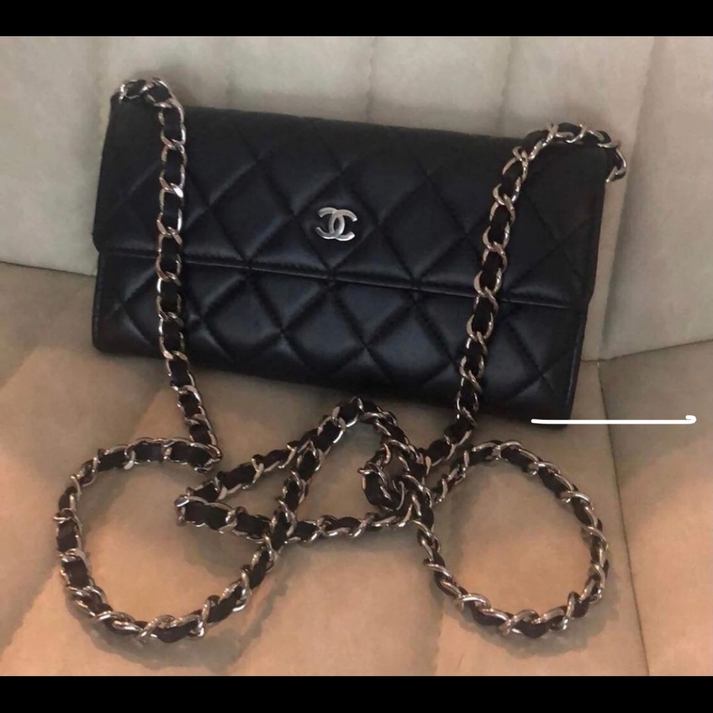 Authentic chanel black quilted lambskin long wallets,chain not branded.